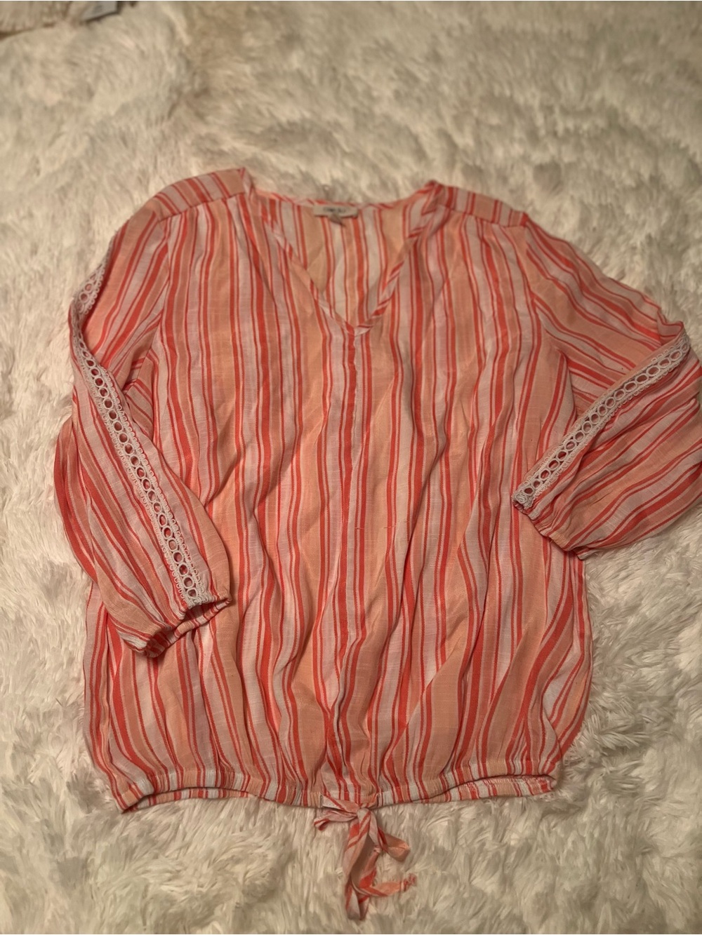 Striped Coral Tie-Hem Blouse with Eyelet Sleeve Trim